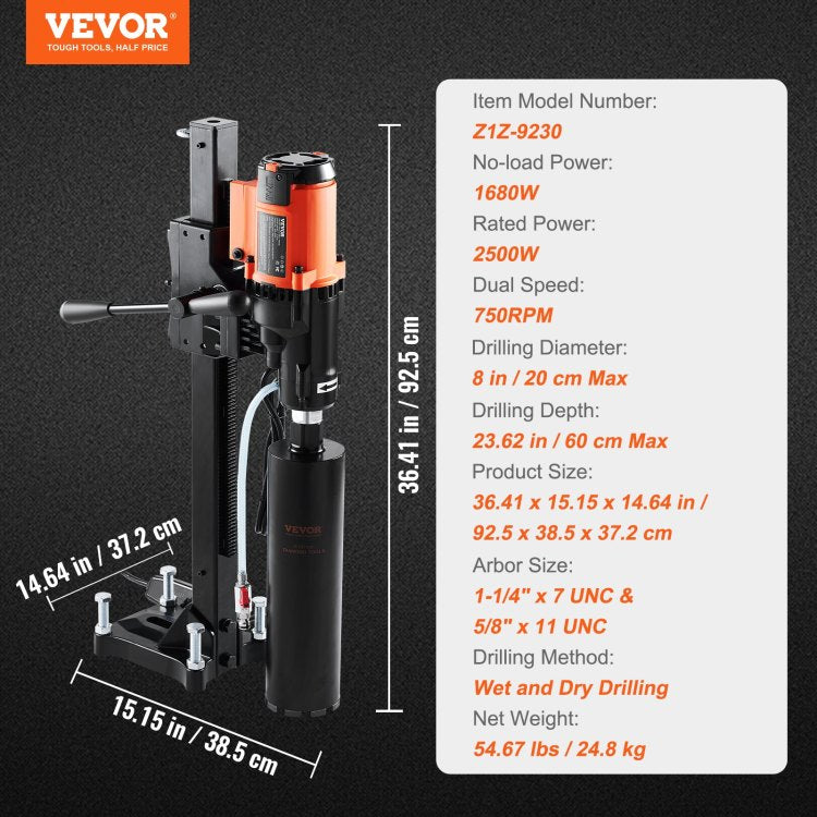 Diamond Core Drilling Machine, 8In Wet&Dry Concrete Core Drill Rig With Stand, 750Rpm Speed & 1 1 4" 5 8" Thread & Lifting Handle, 8In Drilling Diameter For Concrete Brick Block Stone, 2500W
