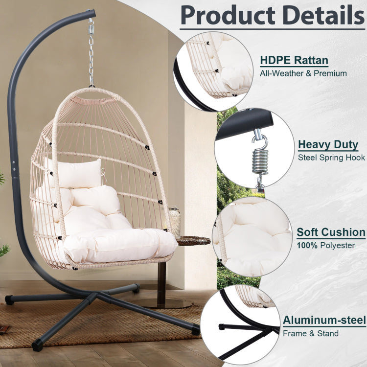 Foldable Hanging Egg Chair With Stand And Pillow, Hdpe Rattan And Heavy Duty Aluminum Steel Frame, Outdoor Patio Wicker Swing Egg Chair With Headrest And Cushioned, Beige