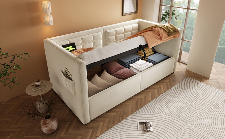 Upholstered Twin Size Daybed, Hydraulic Storage Twin Bed Frame With Usb & Type C Charging, Bed Frame With Wooden Slats And Tufted Sofa Back, Beige, Velvet Without Mattress