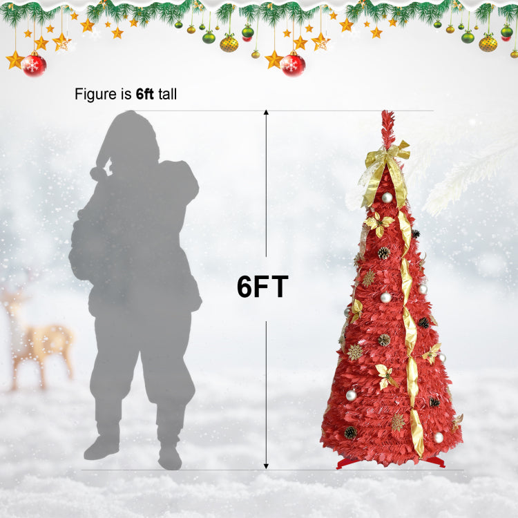 6Ft Red Pop Up Christmas Tree With 150 Warm White Led Lights, Ornaments Included 4 Ribbons, Bow, Flowers, Snowflakes, Pine Cones & Balls Easy Assembly & Space Saving Holiday D Cor