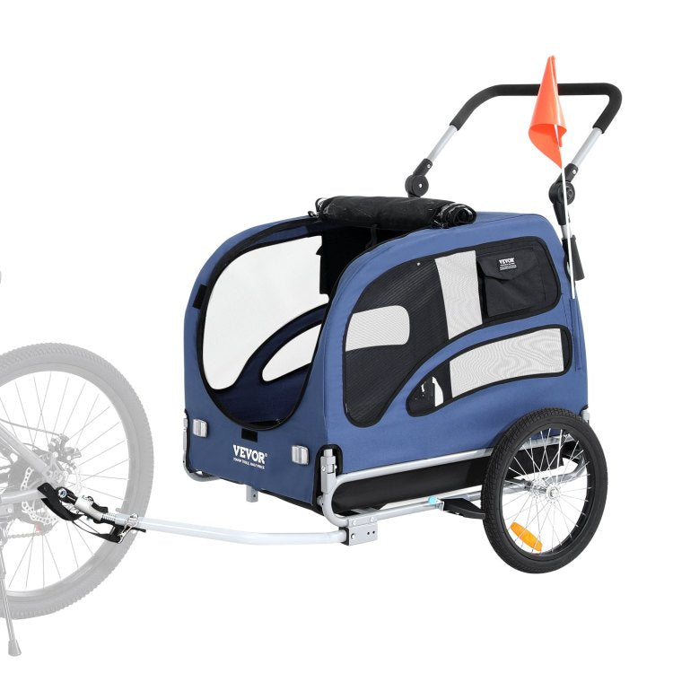 Dog Bike Trailer, Supports Up To 100 Lbs, 2 In 1 Pet Stroller Cart Bicycle Carrier, Easy Folding Cart Frame With Quick Release Wheels, Universal Bicycle Coupler, Reflectors, Flag, Blue Black