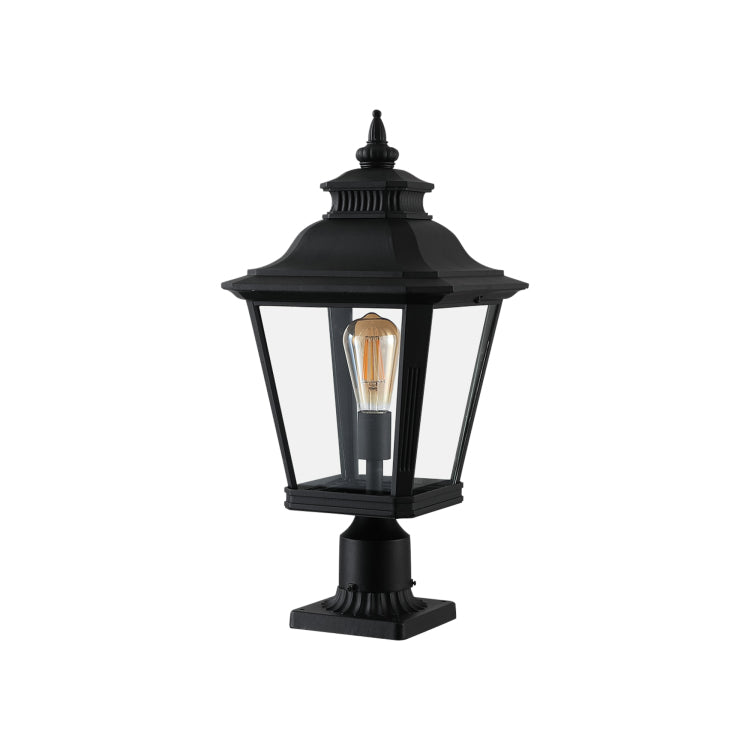 21" H 1 Pack Outdoor Post Lantern Light Vintage Black Metal & Clear Glass Pillar Lamp For Garden, Gate, Driveway, And Pathway Lighting With Elegant Design Bulb Not Included