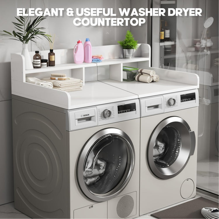 Washer Dryer Countertop With Non Slip Pads Laundry Wood Shelf Topper With Edge, 54" Width X 27.5" Depth Double Layer Organizer For Washer And Dryer Laundry Hamper Counter Storage Organization White
