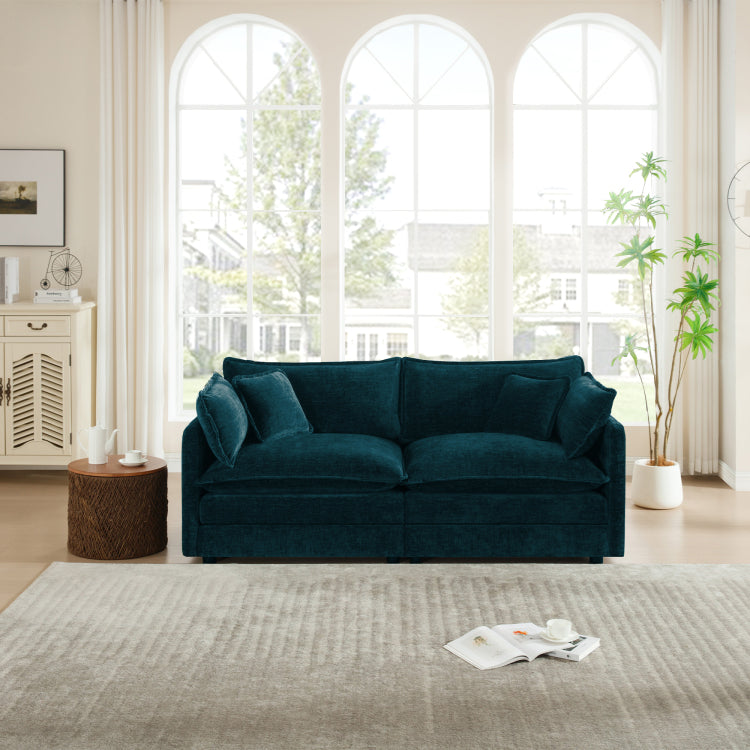 Modern Fabric Loveseat Sofa Couch For Living Room, Upholstered Large Size Deep Seat 2 Seat Sofa With 4 Pillows ,Blue Chenille