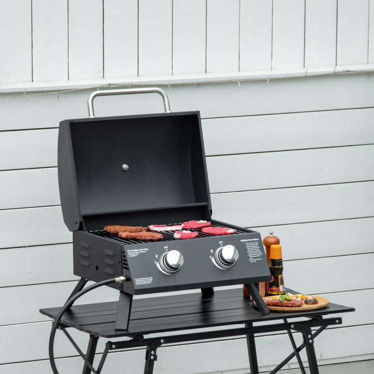 Outsunny 2 Burner Propane Gas Grill Outdoor Portable Tabletop Bbq With Foldable Legs, Lid, Thermometer For Camping, Picnic, Backyard, Black