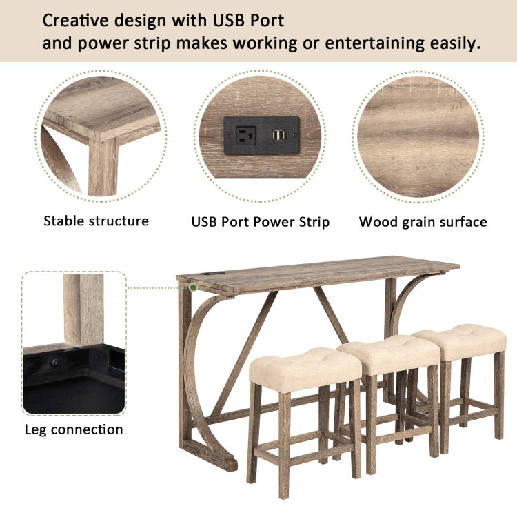 4 Piece Bar Table Set With Power Outlet, Dining Bar Table And Chairs Set,Bar Table Set With 3 Padded Stools For Living Room, Dining Room, Game Room, Brown