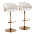 Contemporary Adjustable Barstool With Swivel In Gold Metal And Cream Velvet With Rounded T Footrest Set Of 2