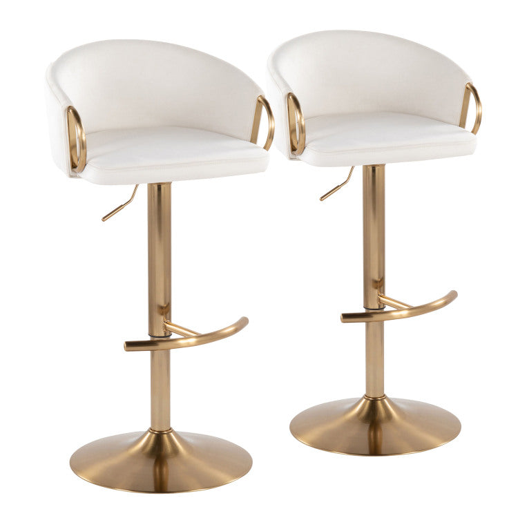 Contemporary Adjustable Barstool With Swivel In Gold Metal And Cream Velvet With Rounded T Footrest Set Of 2