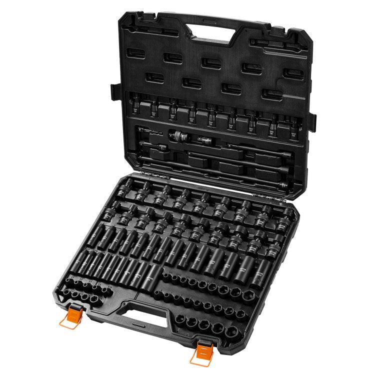 3 8" Drive Impact Socket Set, Sae 1 4" 3 4" And Metric 6 19Mm 90 Piece Socket Set, 6 Point Cr Mo Alloy Steel For Auto Repair, Includes Extension Bars Universal Joint Adapter Lock Storage Case
