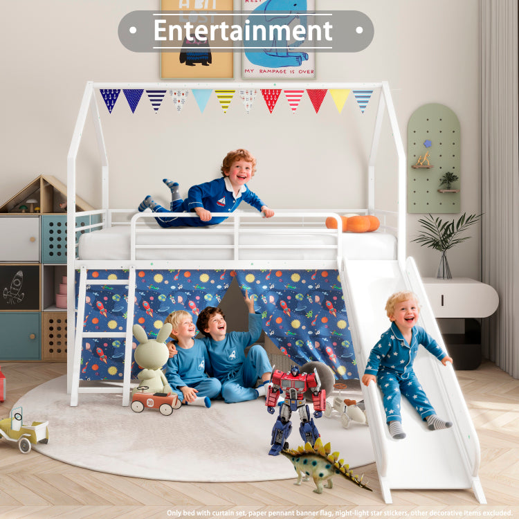 Jack Metal Junior House Twin Loft Bed With Slide And Curtain Set And Pennant Banner Flag And Star Stickers, White With Blue