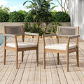 Braided Acacia Wood Outdoor Dining Chairs Set Of 2 Teak Look With Beige Rope & Cream Cushions, Armrests All Weather Patio Furniture For Garden, Poolside, And Backyard Durable & Stylish