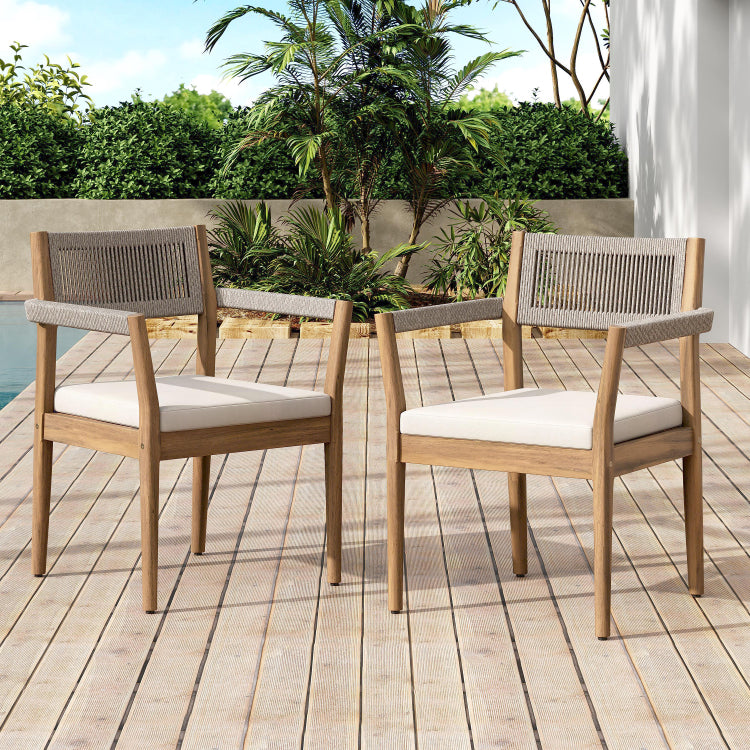 Braided Acacia Wood Outdoor Dining Chairs Set Of 2 Teak Look With Beige Rope & Cream Cushions, Armrests All Weather Patio Furniture For Garden, Poolside, And Backyard Durable & Stylish