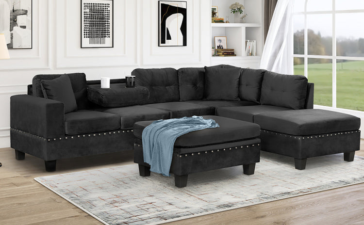 105" Modern Sectional Sofa With Storage Ottoman, L Shape Couch With 2 Pillows And Cup Holders,Sectional Sofa With Reversible Chaise For Living Room, Black