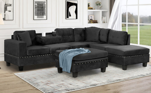 105" Modern Sectional Sofa With Storage Ottoman, L Shape Couch With 2 Pillows And Cup Holders,Sectional Sofa With Reversible Chaise For Living Room, Black