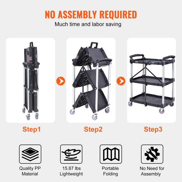 Foldable Utility Service Cart, 3 Shelf 165Lbs Heavy Duty Plastic Rolling Cart With Lockable Wheels, Ergonomic Handle, Portable Garage Tool Cart For Warehouse Office Home 25.62"X15.43"X32.76"