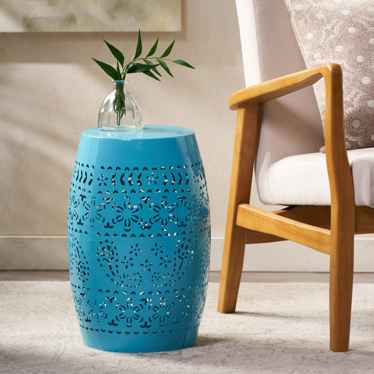 Ruby Side Table, Lace Cut Metal End Table For Outdoor & Indoor Use, Barrel Shape Accent Table With No Assembly Needed For Garden, Patio, Living Room, Backyard Decor,Blue Color