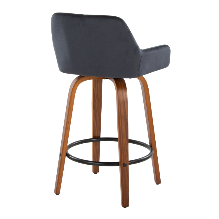 26" Contemporary Fixed Height Counter Stool With Swivel In Walnut Wood And Black Velvet With Round Black Metal Footrest Set Of 2