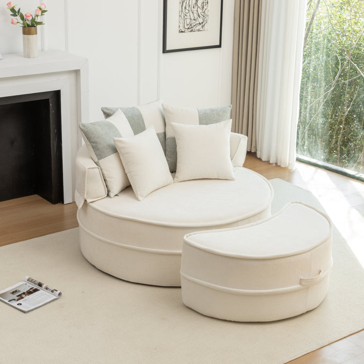 Oversized Round Accent Barrel Chair With 5 Pillows Soft Chenille Upholstered Armchair Lazy Lounge Sofa With Ottoman For Living Room Bedroom Reading Room Guestroom
