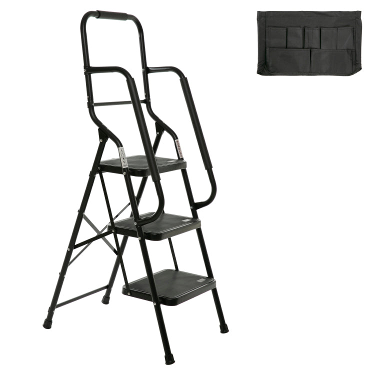 3 Step Ladder With Handrails 500 Lb Capacity Step Stool Folding Ladders For Home Kitchen Steel Frame With Safety Side Handrails Non Slip Wide Pedal Stepladder With Attachable Tool Bag Black