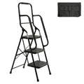 3 Step Ladder With Handrails 500 Lb Capacity Step Stool Folding Ladders For Home Kitchen Steel Frame With Safety Side Handrails Non Slip Wide Pedal Stepladder With Attachable Tool Bag Black