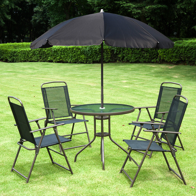 Outsunny 6 Piece Patio Dining Set For 4 With Umbrella, Outdoor Table And Chairs With 4 Folding Dining Chairs & Round Glass Table For Garden, Backyard And Poolside, Black