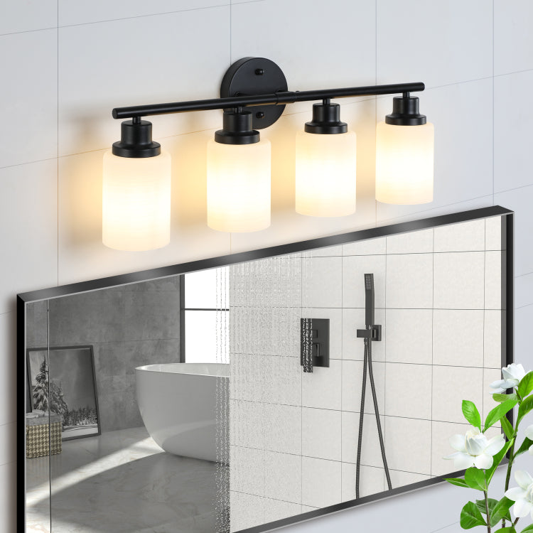 24" Modern 4 Light Vanity Bathroom Mirror Light, Frosted White Glass With Black Iron Frame, Contemporary Wall Sconce For Bedroom, Bathroom, And Dressing Room Bulb Not Included