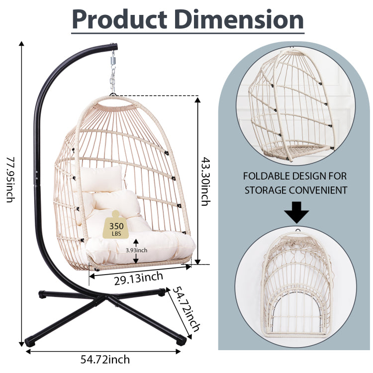 Foldable Hanging Egg Chair With Stand And Pillow, Hdpe Rattan And Heavy Duty Aluminum Steel Frame, Outdoor Patio Wicker Swing Egg Chair With Headrest And Cushioned, Beige