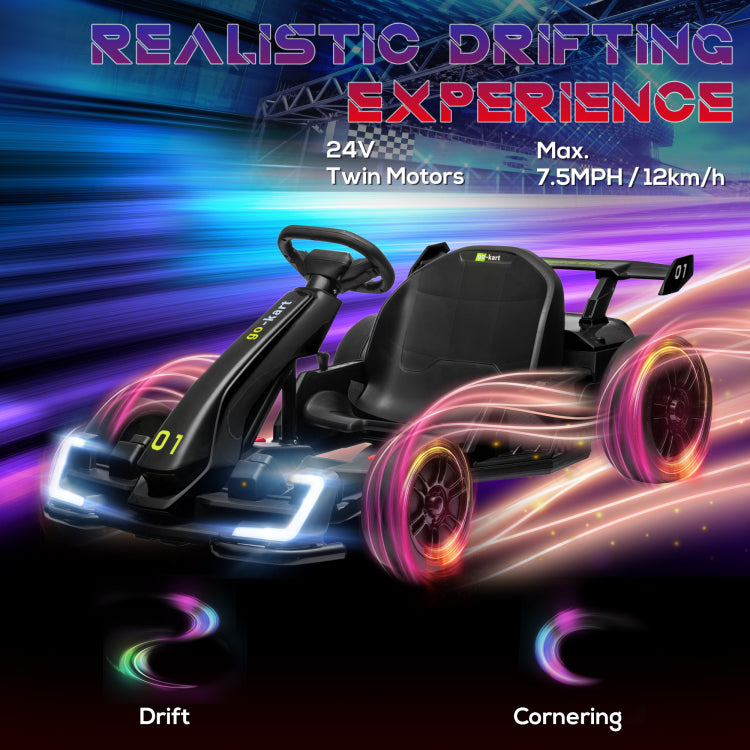 Aosom 24V 7.5 Mph Electric Go Kart With Adjustable Seat, Drifting Car Battery Powered Ride On Toy Outdoor With Slow Start, Button Start, Music, Honking Horn, Lights, For 6 12 Years Old, Black