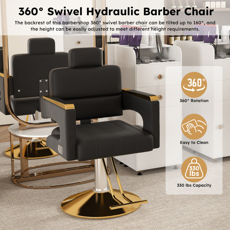 Professional Hydraulic Barber Chair 360 Swivel With Adjustable Height, Stainless Steel Armrests & Reclining Backrest For Salon & Barber Shop Black Gold Single Pack