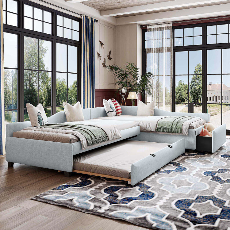 Upholstered Double Twin Size Daybed With Trundle And Drawer, Beige