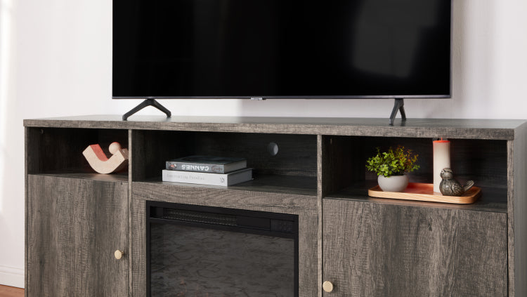 Ambrose 70"W Gray Walnut Finish Fireplace Tv Stand Console With Heater, Led Light, Cabinets, Shelves