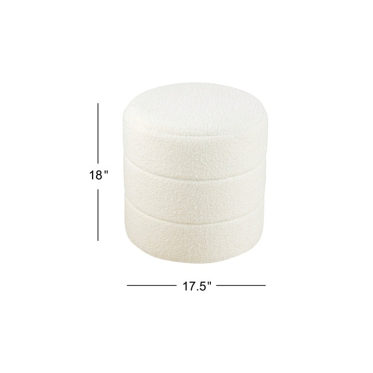 Sem Round Accent Ottoman, Cream White Chanel Stitched Boucle 18 Inch
