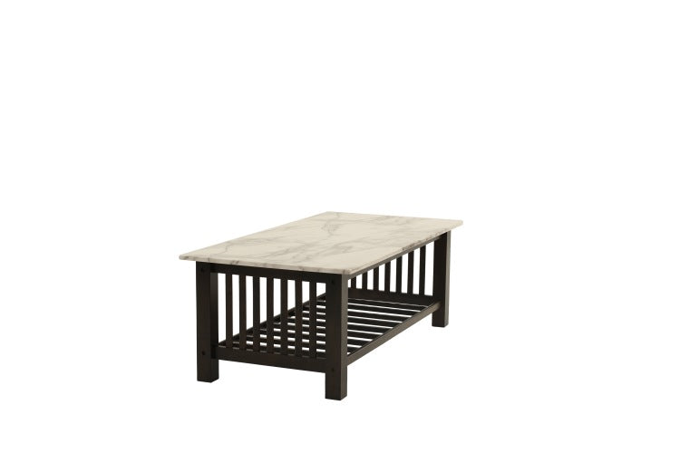 Modern Contemporary 1Pc Coffee Table Faux Marble Top Antique Walnut Solid Legs Open Storage Shelf Occasional Table Living Room