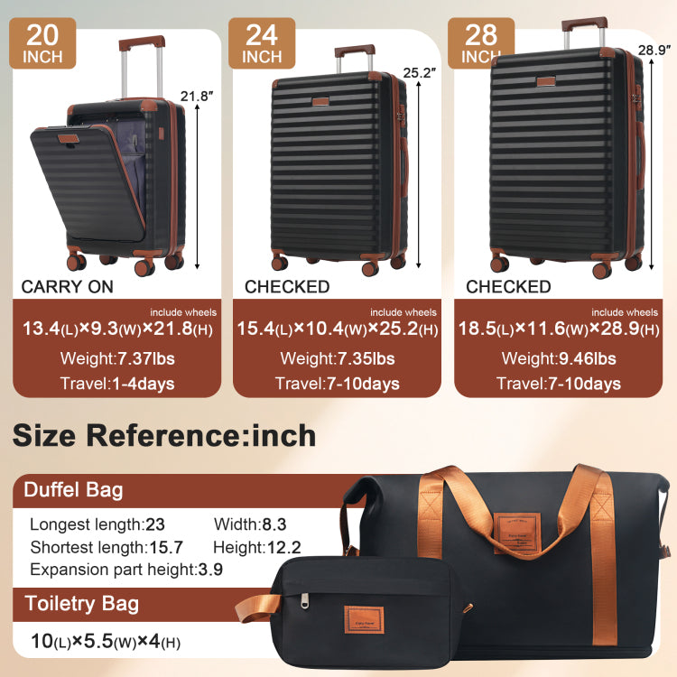 Luggage Sets 5 Piece With Front Opening , Hardside Expandable Carry On Suitcase With Spinner Wheels Tsa Lock Usb Port Cup Holder Duffel Bag And Toiletry Bag