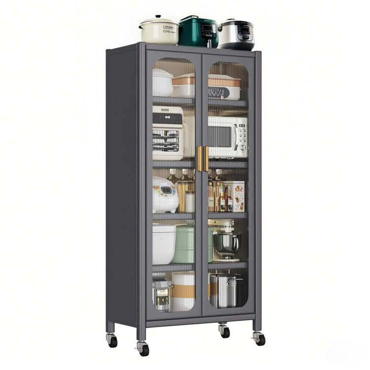 65" Kitchen Pantry Storage Cabinet, 6 Tier Metal Display Storage Cabinet With Transparent Door, Adjustable Shelves & Wheels, Food Pantries Cabinets, For Kitchen, Living Room And Dining Room, Gray
