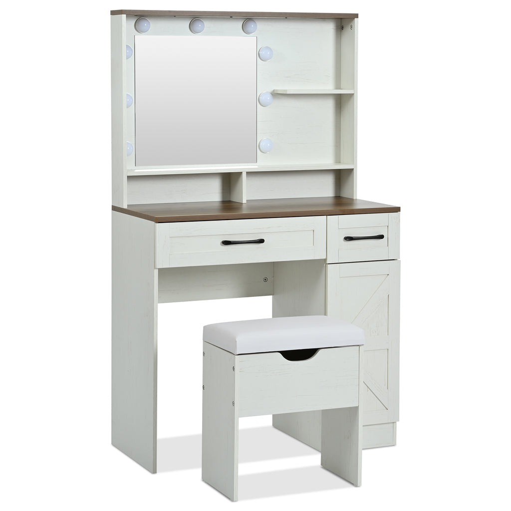 Farmhouse Makeup Vanity Desk With Mirror And Lights, 3 Lighting Modes, Vanity Set With Stool, Dressing Table With Adjustable Shelves,2 Drawers And Side Cabinet For Bedroom, White