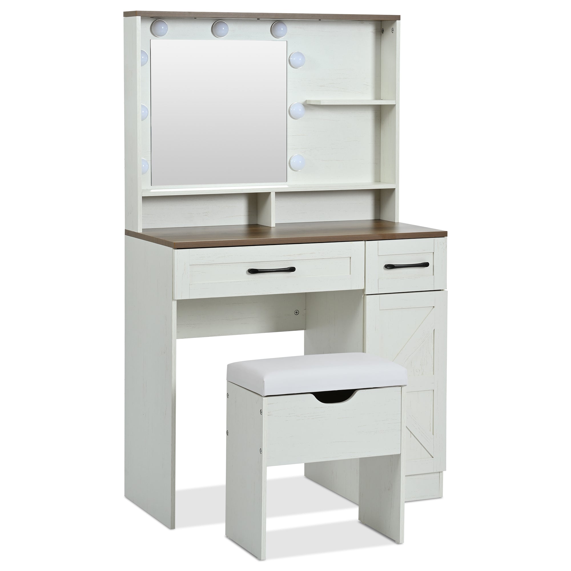 Farmhouse Makeup Vanity Desk With Mirror And Lights, 3 Lighting Modes, Vanity Set With Stool, Dressing Table With Adjustable Shelves,2 Drawers And Side Cabinet For Bedroom, White