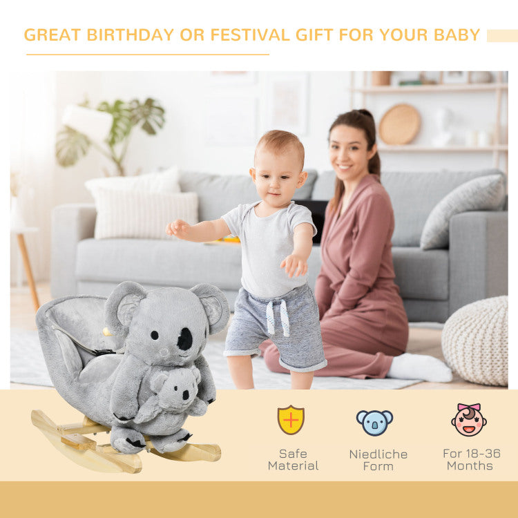 Qaba Kids Ride On Rocking Horse, Koala Shaped Rocker With Realistic Sounds For Children 18 36 Months, Gray