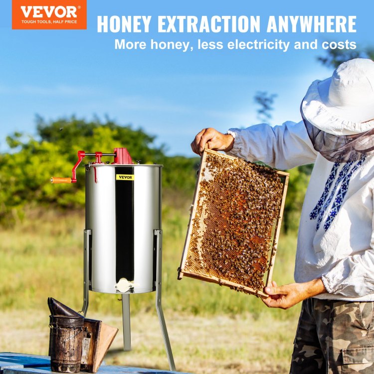 Manual Honey Extractor, 3 Frames Honey Spinner Extractor, Stainless Steel Beekeeping Extraction, Honeycomb Drum Spinner With Lid, Apiary Centrifuge Equipment With Height Adjustable Stand