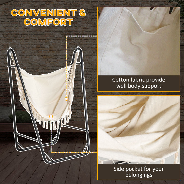 Outsunny Patio Hammock Chair With U Shape Stand, Outdoor Hammock Swing Hanging Lounge Chair With Side Pocket, Black Cream White