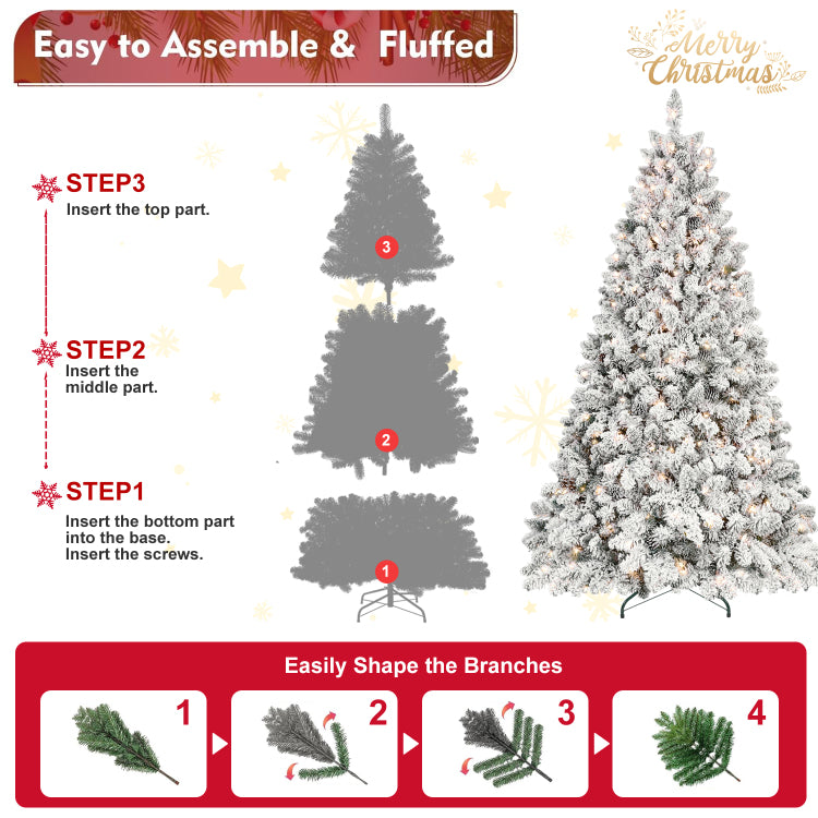 4Ft Flocked Christmas Tree With 150 Ul Lights And 21 Natural Pine Cones Snowy Pvc Tips, 366 Tips, Hinged Structure, Stable Metal Stand, Easy Setup