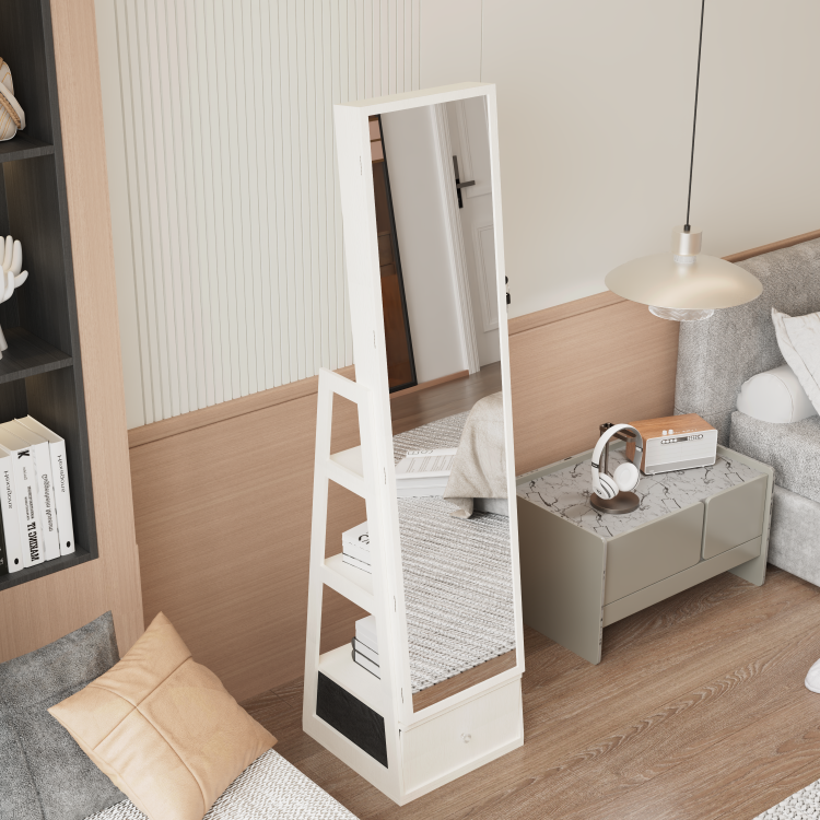 360 Swivel Jewelry Cabinet With Full Length Mirror, 360 Rotating Standing Jewelry Armoire Organizer, Lockable Storage Cabinet, Interior Lighted Mirror And Storage Drawers, White