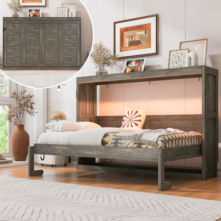 Twin Size Murphy Bed With Led Light,Can Be Folded Into A Cabinet,Hidden Wall Bed Cabinet,Brown