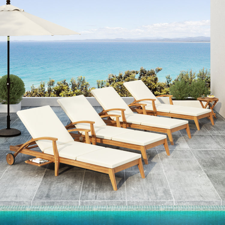 Chaise Lounge With Wheel Acacia Wood Recliner For Patio Garden, With 2Inch White Cushion, 4 Position Adjustable Backrest, Versatile Outdoor Furniture