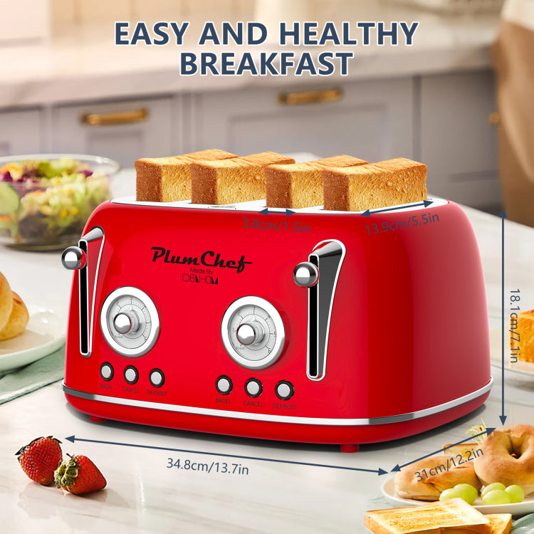 4 Slice Retro Style Toaster, Dual Control Toaster , 6 Browning Settings, Bagel Defrost Functions, Removable Crumb Tray, Stainless Steel Housing 1650W, Red