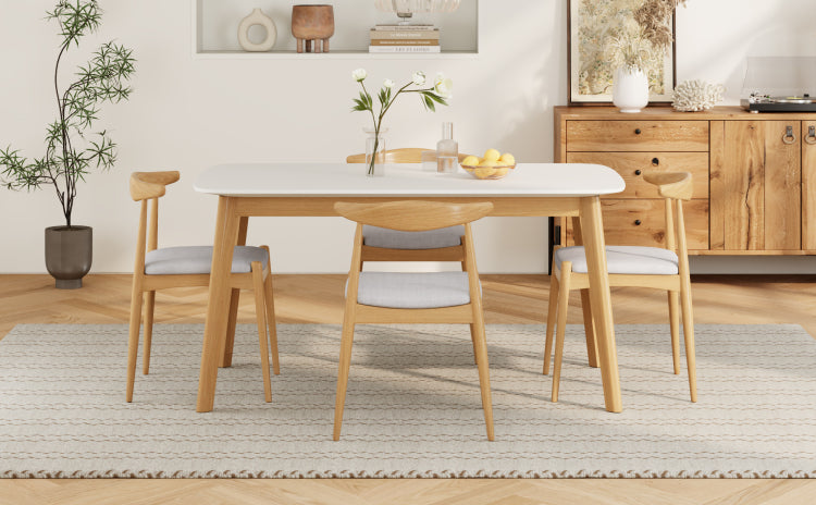 5 Piece Mid Century Modern Dining Set Solid Wood Frame Table 4 Beige Upholstered Chairs, White Oak Beige Same Sku: N759S296907K