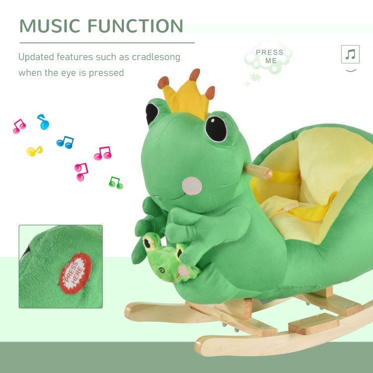 Qaba Kids Ride On Rocking Horse Toy Frog Style Rocker With Fun Music, Seat Belt & Soft Plush Fabric Hand Puppet For Children 18 36 Months