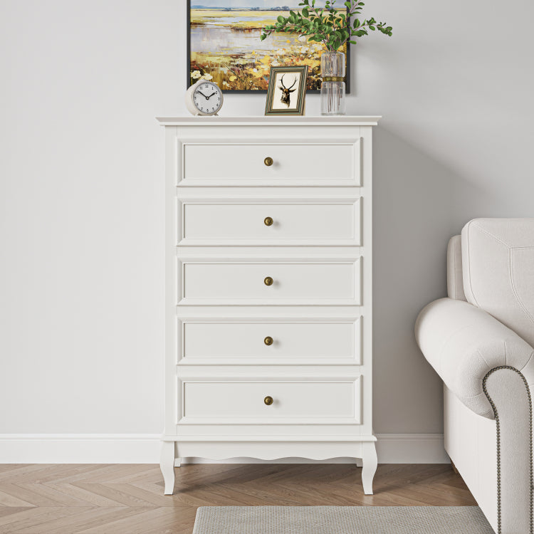 5 Drawer Dresser For Bedroom, Modern Storage Closet Cabinet Organizerwith Solid Wood Legs And Painted Finish White
