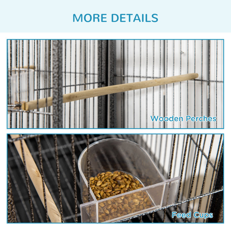 Pawhut 65" Double Rolling Metal Bird Cage Feeder With Detachable Rolling Stand, Storage Shelf, Wood Perch & Food Container