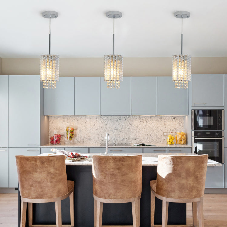 5" Modern Crystal Pendant Light 3 Pack Adjustable Chrome Hanging Ceiling Fixture With Clear Beads, Elegant Design For Kitchen Island, Dining Room, Or Living Room No Bulbs